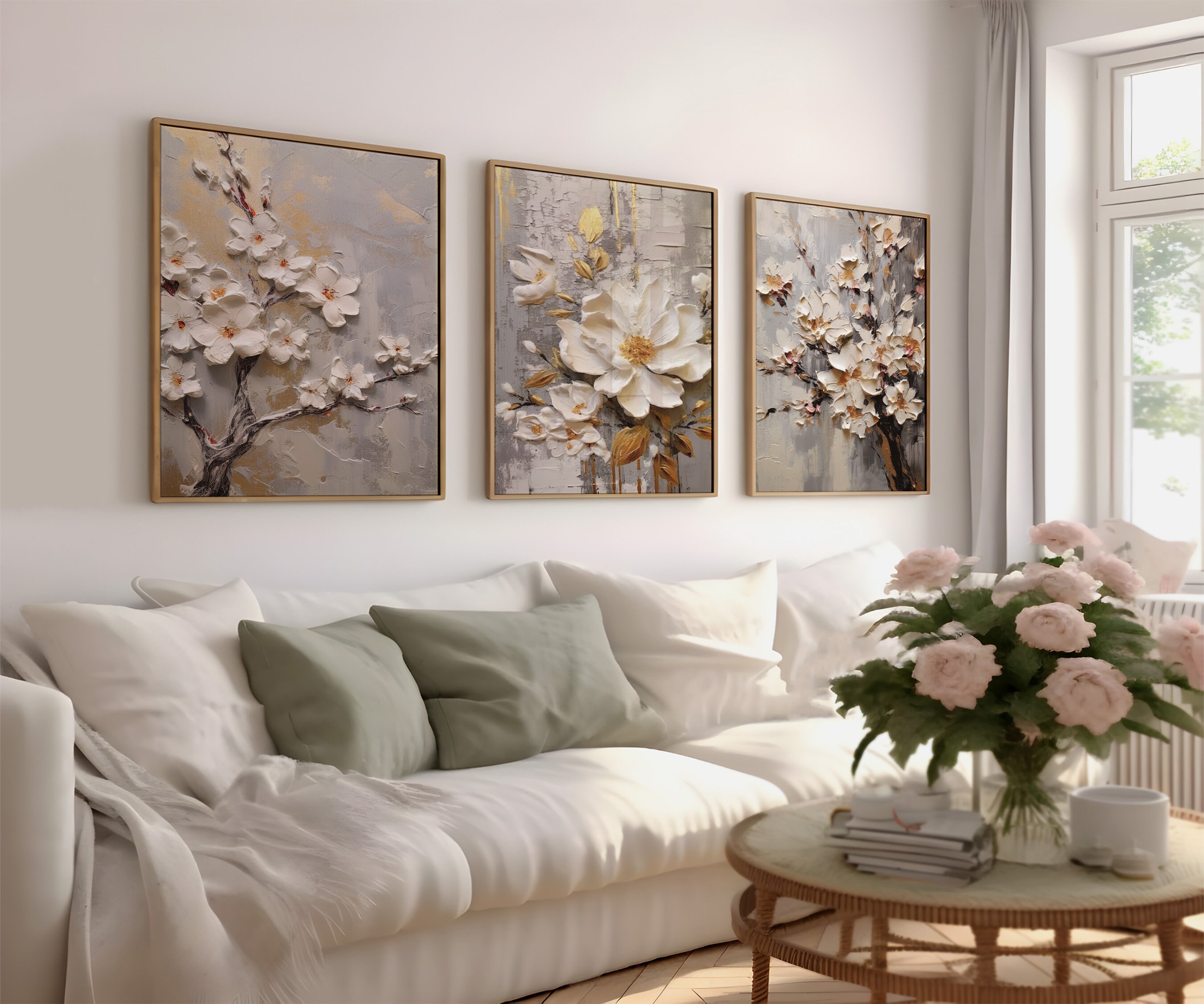 3D White Flowers Set of 3 Posters Digital Printable Art Floral Prints ...