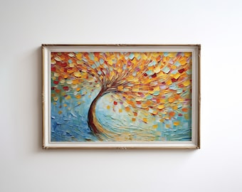 Colorful Blooming Tree Art Abstract Oil Painting Digital Printable Art Instant Download Palette Knife Textured Print Autumn Leaves Wall Art
