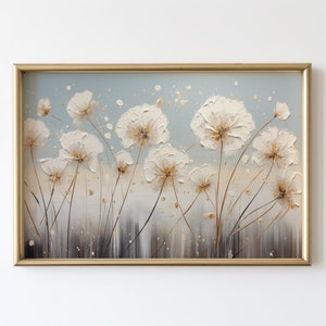 Puede incluir: Una pintura enmarcada de flores blancas con tallos marrones sobre un fondo azul claro. Las flores están pintadas en un estilo texturizado, dando la impresión de pinceladas.