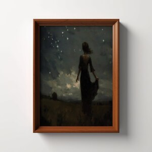 Céu noturno estrelado retrato de mulheres Download digital Arte de parede para impressão Download instantâneo Pintura a óleo Jardim iluminado pela lua Paisagem Sala de estar Impressão
