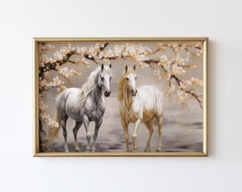 馬の絵画 デジタル印刷可能な壁アート 即時ダウンロード 桜の木 白い花 動物の壁アート 装飾 馬好きへのギフト