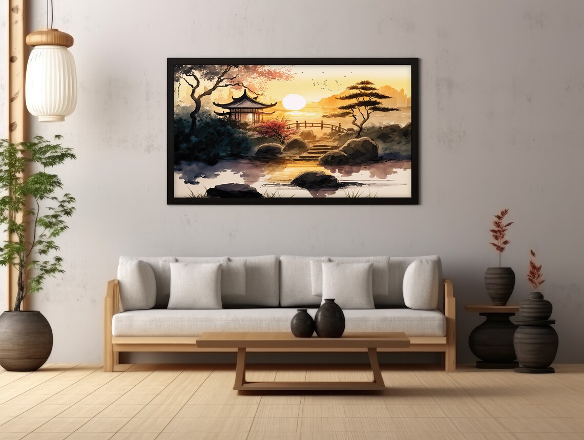 Japanese Zen Garden Wall Art Watercolor Landscape Print Digital ...