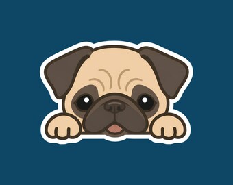 May include: A cartoon illustration of a pug dog with a tan body, dark brown ears and snout, and big black eyes. The pug is peeking over the edge of a surface, with its paws visible. The background is a solid dark blue.