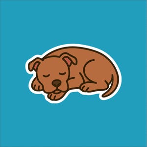 May include: A cartoon illustration of a sleeping brown dog with closed eyes, outlined in black and set against a teal background. The dog is curled up, with its paws tucked in, and a white border surrounds the dog.