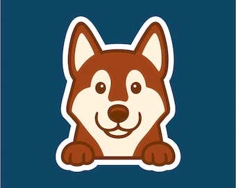 May include: A sticker featuring a cartoon husky dog with brown and white fur, a smiling face, and a dark blue background. The dog's paws are visible at the bottom, giving the impression it's peeking over an edge.