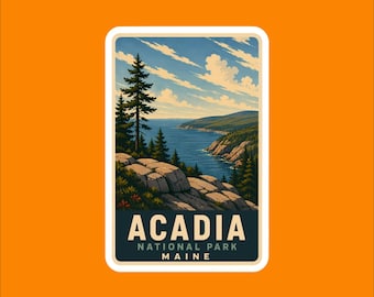 May include: A rectangular sticker depicting Acadia National Park in Maine. The image shows a rocky coastline, evergreen trees, and a blue ocean under a cloudy sky. The text "ACADIA NATIONAL PARK MAINE" is displayed at the bottom of the sticker.
