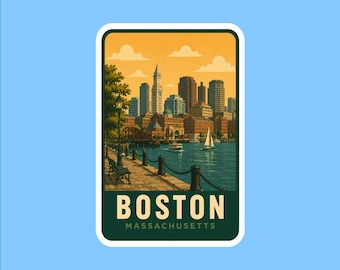 May include: A rectangular sticker featuring a stylized illustration of the Boston skyline at sunset. The scene includes a waterfront walkway with a bench, a lamppost, boats on the water, and the text BOSTON MASSACHUSETTS in a dark green border.