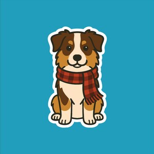 May include: A cartoon illustration of a dog with brown, tan, and white fur, wearing a red and black plaid scarf. The dog is sitting with its paws forward, and the background is a solid teal color.