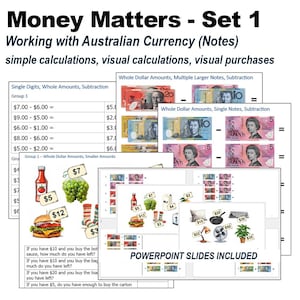 Puede incluir: Una hoja de trabajo para aprender sobre la moneda australiana. La hoja de trabajo presenta imágenes de billetes y monedas de dólar australiano e incluye problemas de matemáticas que involucran suma y resta. La hoja de trabajo también incluye una sección con problemas de palabras sobre la compra de artículos con dólares australianos.