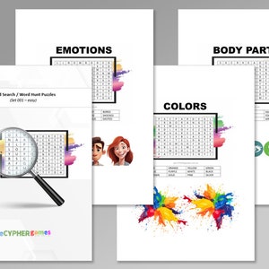 May include: Four printable word search puzzles for kids. The puzzles are themed around emotions, colors, body parts, and a general word search. Each puzzle has a colorful background and a list of words to find.