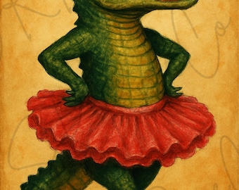 Arte mural de cocodrilo con tutú: decoración de baño con un animal vintage y atrevido; estampado de reptil con ballet original; regalo estético para amantes de los animales.