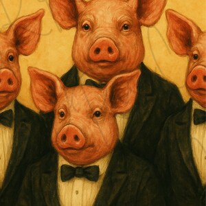 Puede incluir: Ilustraci&oacute;n art&iacute;stica de cuatro cerdos vestidos con ropa formal. Cada cerdo lleva un esmoquin negro, una camisa blanca y una pajarita negra. Los cerdos tienen piel rosada y orejas grandes, sobre un fondo amarillo.