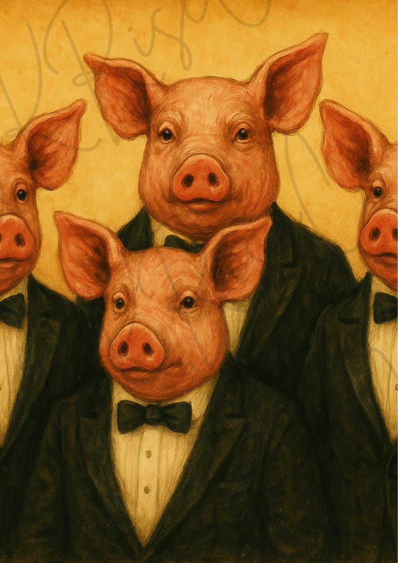 Puede incluir: Ilustraci&oacute;n art&iacute;stica de cuatro cerdos vestidos con ropa formal. Cada cerdo lleva un esmoquin negro, una camisa blanca y una pajarita negra. Los cerdos tienen piel rosada y orejas grandes, sobre un fondo amarillo.