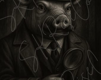 Impresión de detective Noir Pig: Ilustración vintage de animales al carboncillo (descarga digital, tamaños A2-A5)