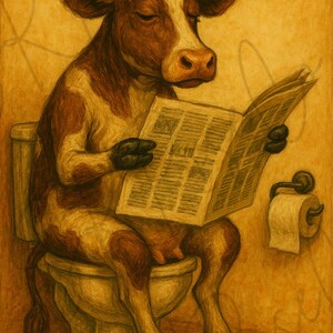 Funny Cow Bathroom Art – Vintage Style Cow on Toilet Reading Newspaper – Quirky Farm Animal Wall Print – Humorous Farmhouse Decor