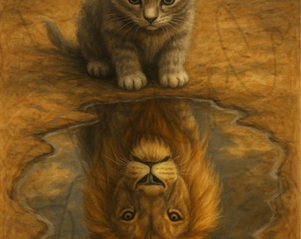 Arte mural inspirador de gatito y león – Reflexión animal motivacional imprimible – Póster "Sueña con un gato grande" – Descarga digital para decoración del hogar