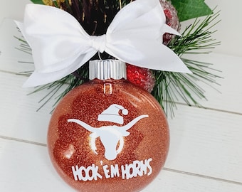 Adorno navideño naranja quemado con brillantina / Adorno navideño de los Longhorns / Decoración navideña de los Longhorns / Regalo para fanáticos de los deportes / Adorno personalizado del equipo / Texas