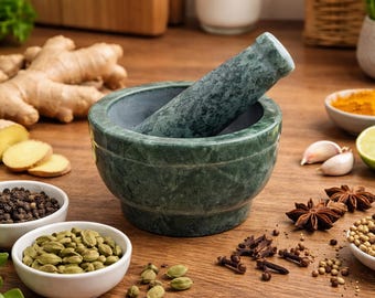 Mortero y maja de mármol verde hechos a mano / Molinillo de piedra