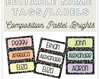 May include: Editable name tags or labels with a black and white notebook paper design. The labels have pastel colored borders and include the names Peggy, Angelica, Eliza, Ethan, Alexander, John, Alexander, and Aaron. The text "Composition Pastel Brights" and "2 Version Included" are also included.