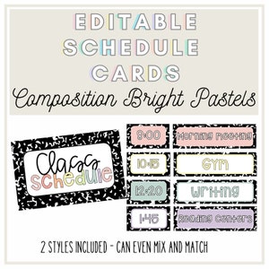 May include: Editable classroom schedule cards in two styles. The cards feature a black and white notebook paper design with pastel colored text. The text on the cards includes "Class Schedule", "Morning Meeting", "Gym", "Writing", and "Reading Centers".