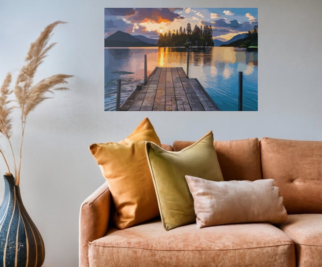 Small Dock By The Vibrant Lake Canvas Wall Art