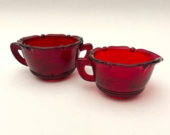 Vintage RUBY RED Old Glass Sugar Bowl and Creamer Set, 1930-40s