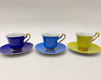 BAREUTHER WALDSASSEN. Bavaria.  Cobalt, Sky Blue & Chartreuse Demitasse Cup and Saucer Set
