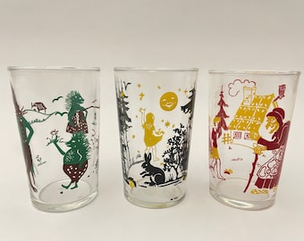 Fairy Tale set of Vintage Juice Glasses, 1950s-60s Retro Glassware