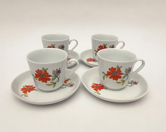 KAHLA. Orange Flower, Set of 4 Teacups and Saucers