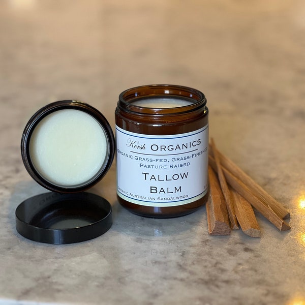 Australian Sandalwood + Tallow Balm: Organic Pasture Raised Grass-Fed Grass-Finished Tallow Balm Salve Lotion. Humanely Raised Beef Tallow