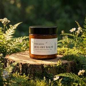 May include: A jar of "Organic Bug-Off Balm" with a black lid and a white label. The label includes text and a small illustration. The jar is surrounded by greenery and sits on a tree stump. The balm is child safe and repels mosquitoes and ticks.