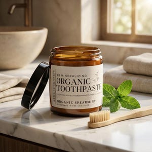 Puede incluir: Un tarro de cristal marrón de pasta de dientes orgánica con tapa negra, cepillo de dientes de madera y ramita de menta. La etiqueta dice "Remineralizing Organic Toothpaste" y "Organic Spearmint". El tarro está hecho a mano en EE. UU. y contiene 237 ml.