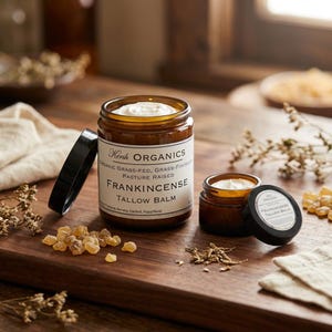 Puede incluir: Dos frascos de vidrio de bálsamo de sebo de incienso con crema blanca en el interior, uno abierto con la tapa al lado. Los frascos están etiquetados "Kerih Organics" y "Frankincense Tallow Balm". Los frascos están sobre una superficie de madera.