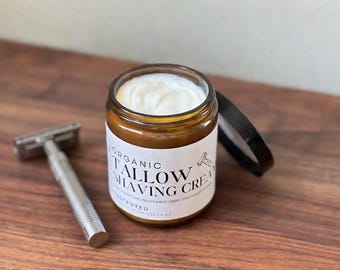 Organic Shaving Cream |  Grass Fed Tallow, Organic Beeswax | Unscented, Fragrance Free, For Sensitive Skin |  Deep Hydration, Whipped Cream