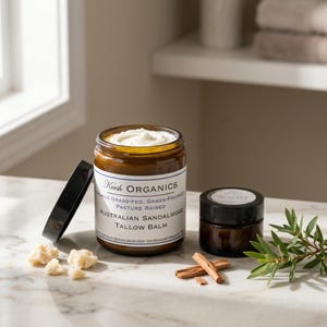 Könnte beinhalten: Ein großes Braunglasgefäß mit Kersh Organics Australian Sandalwood Tallow Balm und daneben liegendem schwarzen Deckel, gefüllt mit weißer Creme. Daneben stehen ein kleineres Braunglasgefäß, drei Talgstücke und ein grüner Sandelholzzweig.