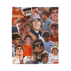 May include: A collage of images featuring a young man in various poses. He is wearing a Red Bull hat, sunglasses, a football uniform, and other casual attire. The background includes the word "Texas" and the number "16".