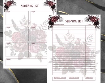 Gothic Victorian Rose Themed Shopping Lists | Dark Elegance | Burgundy and Black | Unique