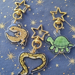 May include: Three acrylic keychains with gold-colored star-shaped clasps. The charms feature illustrations of a yellow spotted leopard gecko, a green turtle with a patterned shell, and a yellow and brown patterned snake curled into a heart shape.