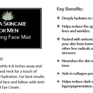 Hydrating Face Mist Product Detail and Directions for Use.