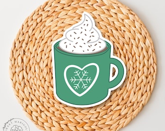 Hot Cocoa Mug Sticker – Cozy Winter Vinyl Decal, Waterproof, Hand-Drawn Christmas Mug for Laptop, Water Bottle, iPad, Kindle, Phone
