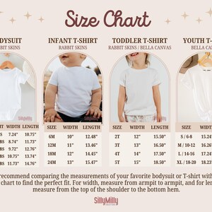 May include: Size chart for baby and youth clothing. The chart shows sizes for bodysuits, infant t-shirts, toddler t-shirts, and youth t-shirts. The chart includes measurements for weight, width, and length in inches.