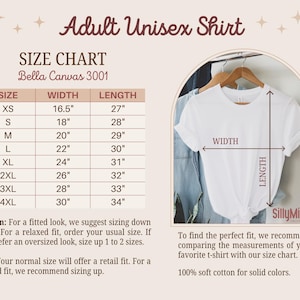 May include: Size chart for a unisex t-shirt, showing width and length measurements in inches for sizes XS to 4XL. The chart is labeled "Bella Canvas 3001".