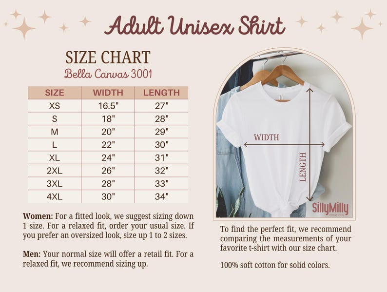 May include: Size chart for a unisex t-shirt, showing width and length measurements in inches for sizes XS to 4XL. The chart is labeled "Bella Canvas 3001".