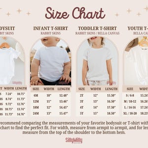 May include: Size chart for baby and youth clothing. The chart shows sizes for bodysuits, infant t-shirts, toddler t-shirts, and youth t-shirts. The chart includes measurements for weight, width, and length in inches.