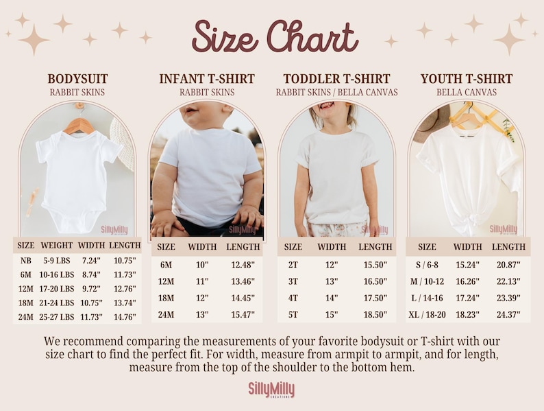 May include: Size chart for baby and youth clothing. The chart shows sizes for bodysuits, infant t-shirts, toddler t-shirts, and youth t-shirts. The chart includes measurements for weight, width, and length in inches.