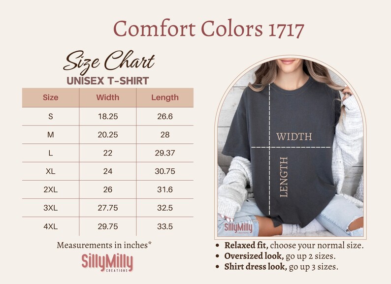 May include: Size chart for a unisex t-shirt with measurements in inches. The chart shows the width and length of the shirt in sizes S, M, L, XL, 2XL, 3XL, and 4XL. The chart also includes a note about relaxed fit, oversized look, and shirt dress look.