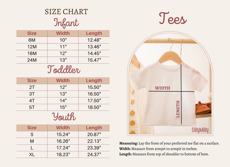 Puede incluir: Tabla de tallas para camisetas de beb&eacute;, ni&ntilde;o peque&ntilde;o y joven. La tabla muestra las medidas de ancho y largo en pulgadas para cada talla. La tabla se muestra sobre un fondo blanco con un borde marr&oacute;n.