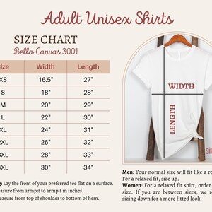 Puede incluir: Tabla de tallas para camisetas unisex Bella Canvas 3001. La tabla muestra las tallas XS a 4XL con las medidas de ancho y largo correspondientes en pulgadas. Se muestra una camiseta blanca con l&iacute;neas que indican el ancho y el largo.