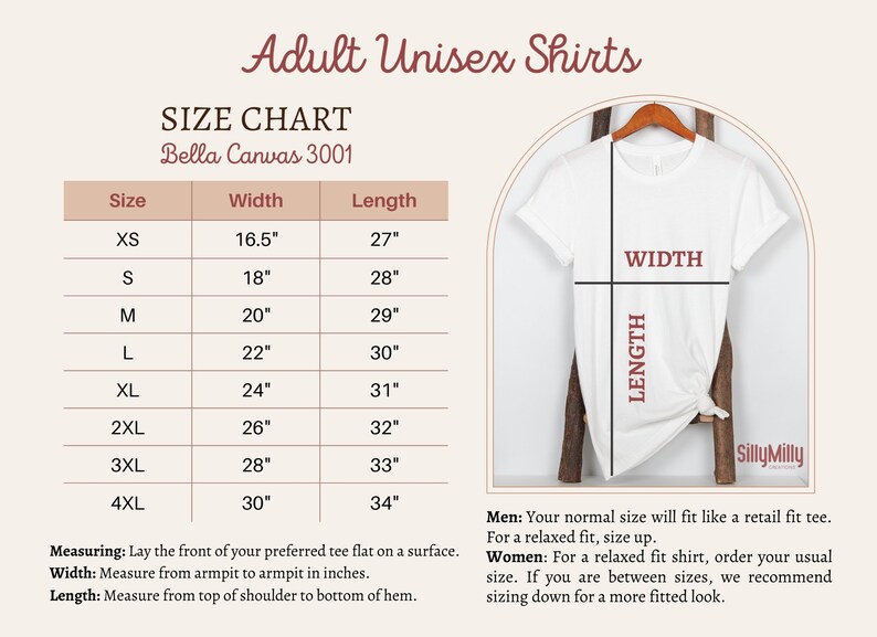 Puede incluir: Tabla de tallas para camisetas unisex Bella Canvas 3001. La tabla muestra las tallas XS a 4XL con las medidas de ancho y largo correspondientes en pulgadas. Se muestra una camiseta blanca con l&iacute;neas que indican el ancho y el largo.