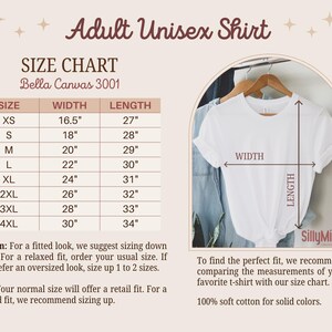 May include: Size chart for a unisex t-shirt, showing width and length measurements in inches for sizes XS to 4XL. The chart is titled "Adult Unisex Shirt" and "Bella Canvas 3001".